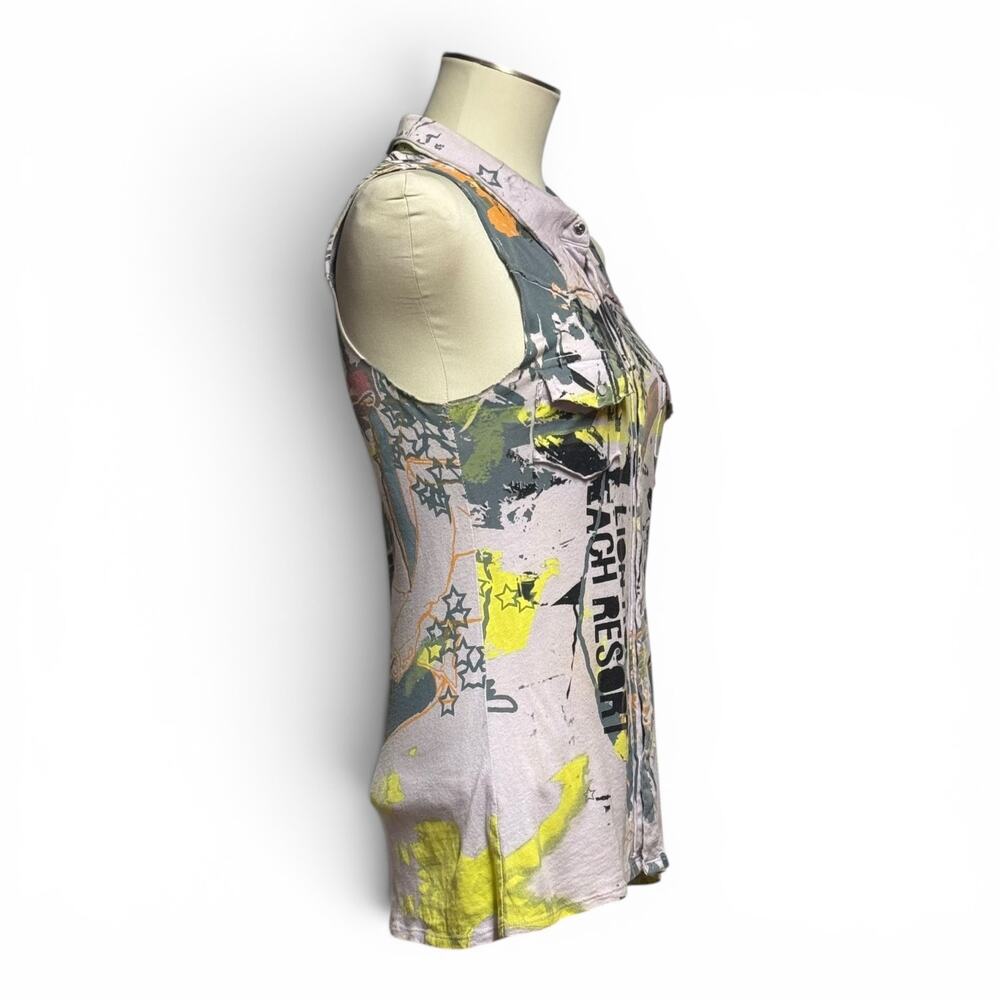 Anama Cotton Modal Sleeveless Pearl Snap Top Shirt Graffiti Lilac Large - Picture 5 of 5